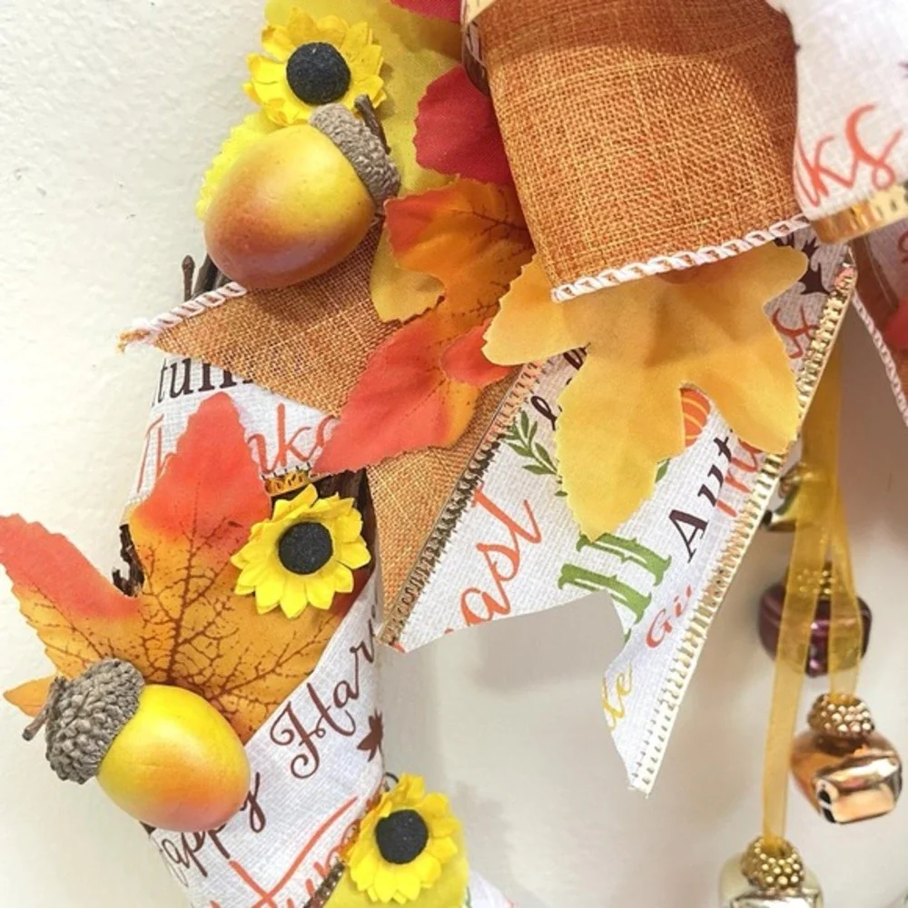 New Hand Made Autumn Wreath Hello Fall‎ Acorns Sunflowers Bells Bow